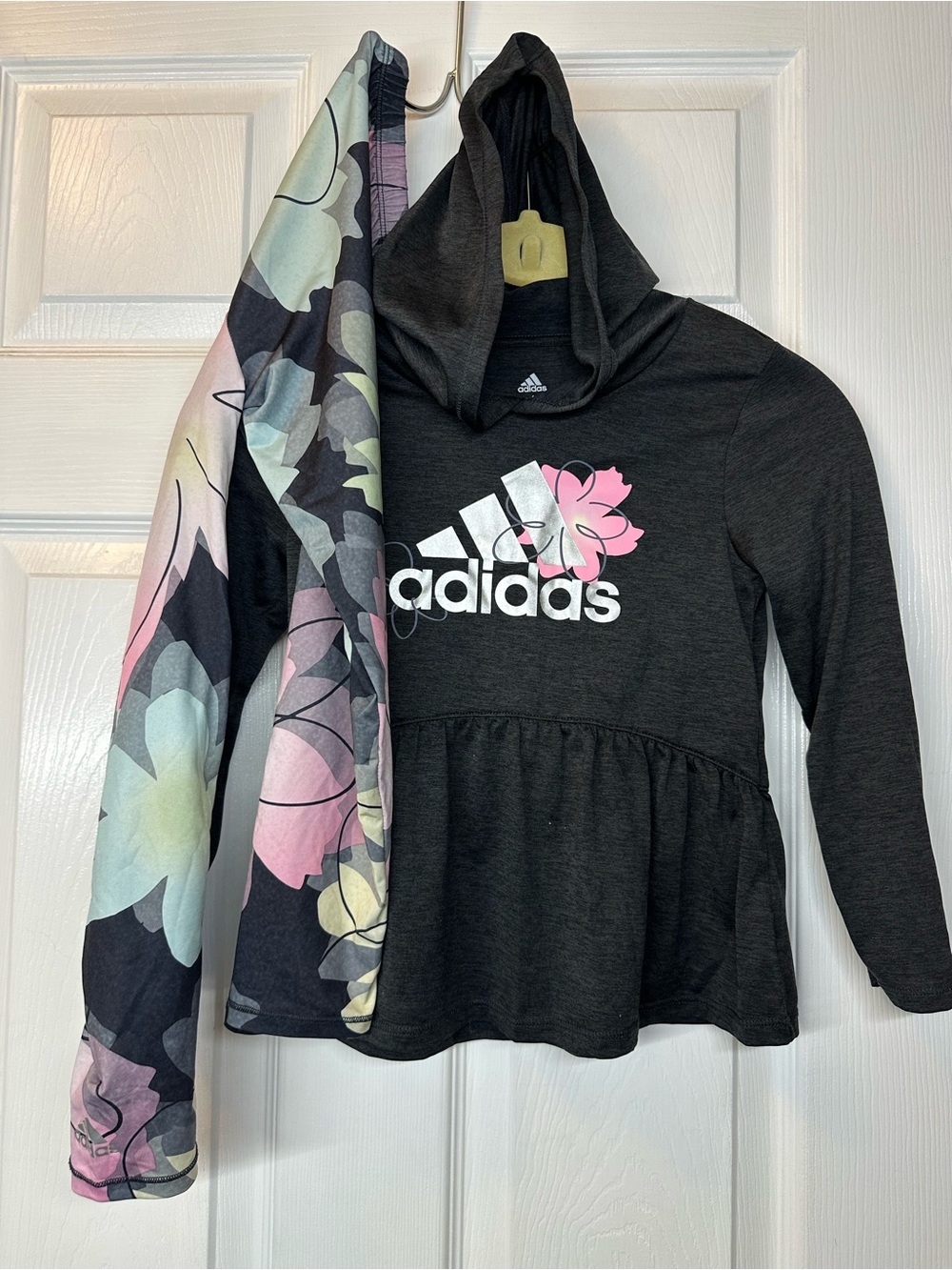 adidas Girls' Charcoal Hooded Peplum Top with Pastel Floral Sleeve